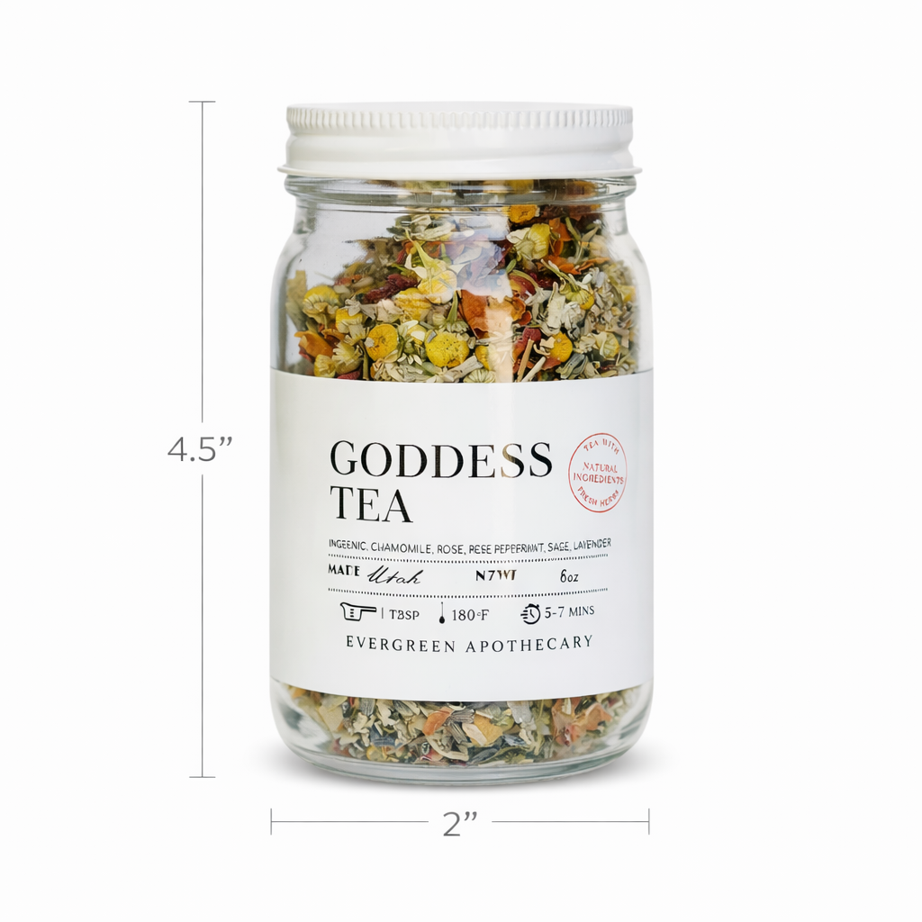 Goddess Tea herbal blend jar with visible loose botanicals and labeled dimensions of 4.5 inches tall by 2 inches wide on a clean light background