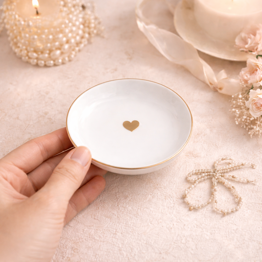 White heart jewelry dish with a delicate gold rim and gold heart detail, held in hand in a soft romantic setting with candles, pearls, and blush floral accents