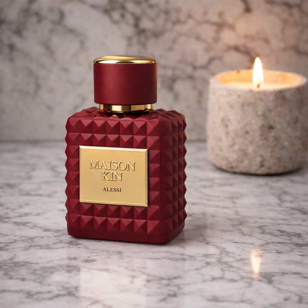 Alessi Eau de Parfum bottle on marble surface beside lit candle