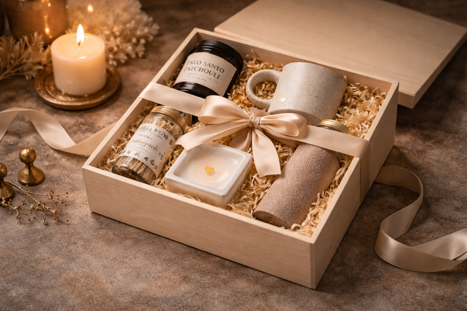 Artland Atelier Build a Box curated gift box with a ceramic mug, palo santo patchouli candle, match jar, heart candle dish, and bath soak, styled in a wooden keepsake box with a satin ribbon and warm candlelight