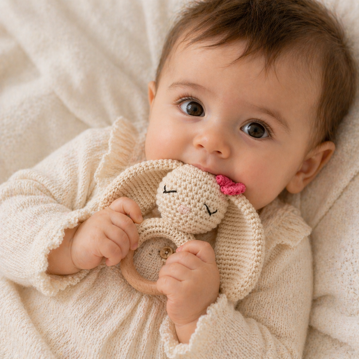 Baby holding crochet bunny teether with wooden ring in a soft neutral setting
