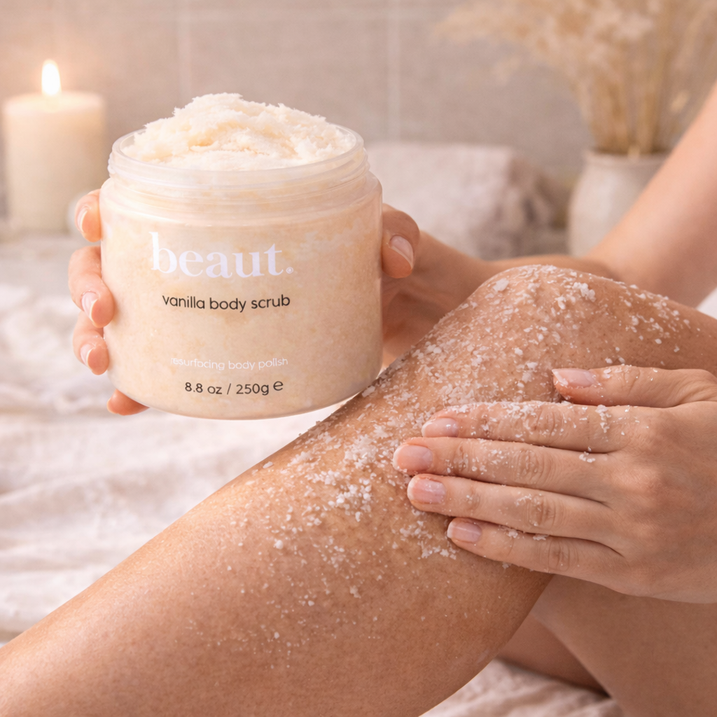 Woman applying beaut vanilla body scrub to her leg while holding an open jar in a soft neutral spa setting with candlelight and towels in the background