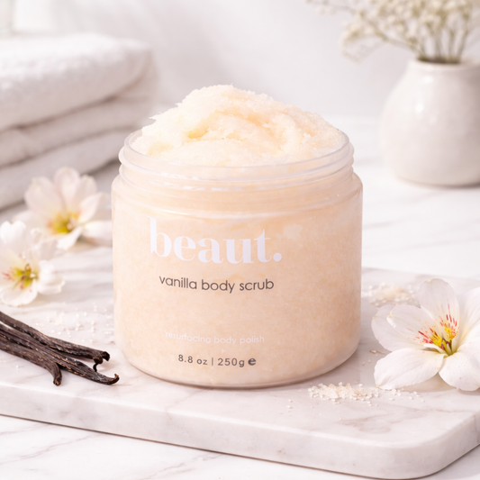 Open jar of beaut vanilla body scrub on a marble surface with vanilla beans, soft white flowers, folded towels, and a neutral spa-inspired background