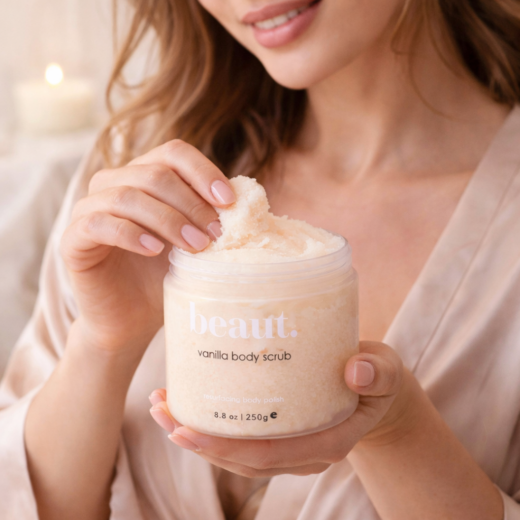 Woman in a soft neutral robe scooping beaut vanilla body scrub from an open jar in a calm spa-inspired setting with candlelight in the background