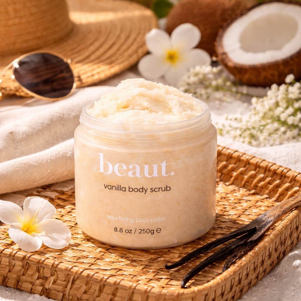 Open jar of beaut vanilla body scrub styled on a woven tray with vanilla beans, coconut, tropical flowers, sunglasses, and a sun hat in a warm beach-inspired setting