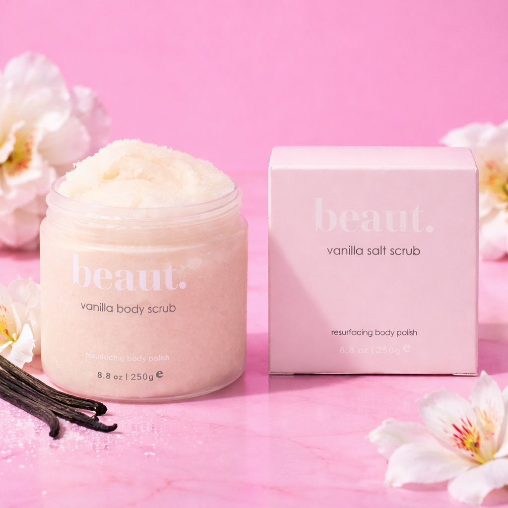 Open jar of beaut vanilla body scrub displayed beside its matching product box on a pink background with vanilla beans and soft floral accents