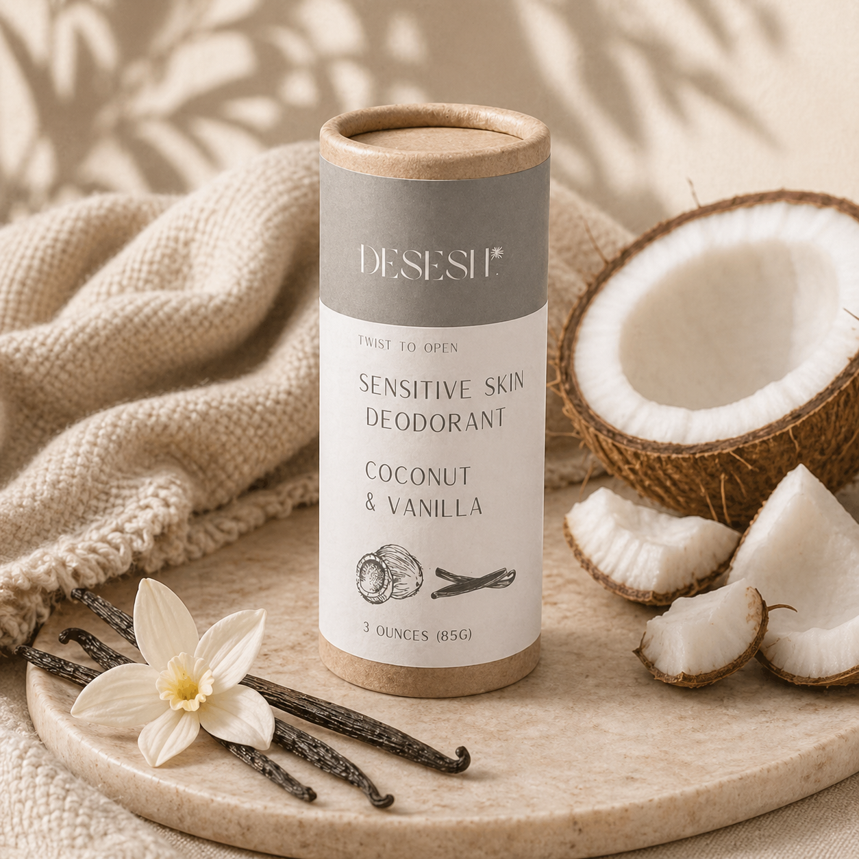 Coconut and vanilla sensitive skin deodorant in eco-friendly tube styled with coconut pieces and vanilla beans on a neutral surface