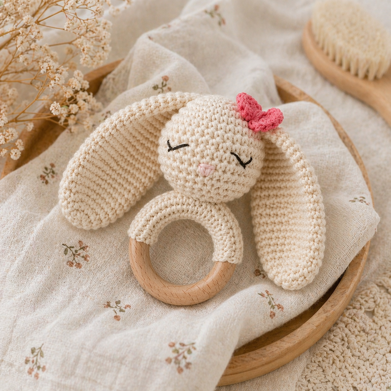 Crochet bunny teether with pink bow and natural wooden ring on soft floral fabric