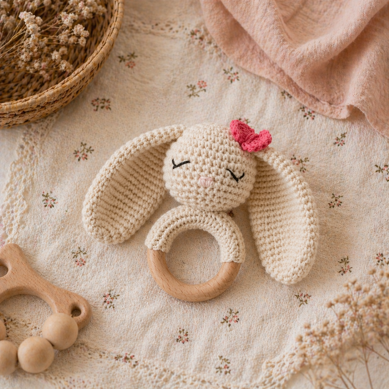 Handmade crochet bunny teether with pink bow and natural wooden ring styled on soft floral fabric