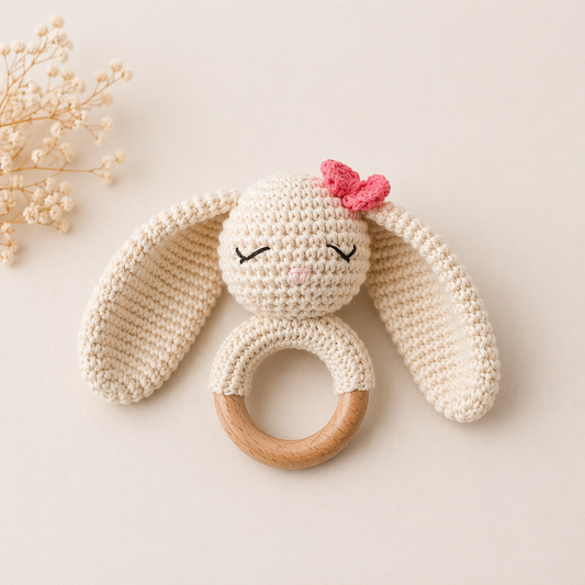 Crochet bunny teether with size guide showing dimensions and natural wooden ring