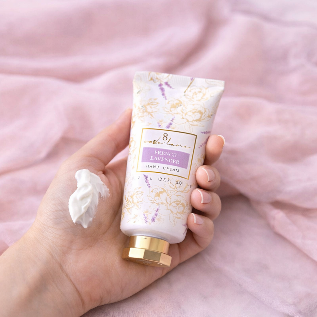 French Lavender hand cream held in hand with a dab of cream on the skin against a soft pink fabric background in a feminine lifestyle product photo