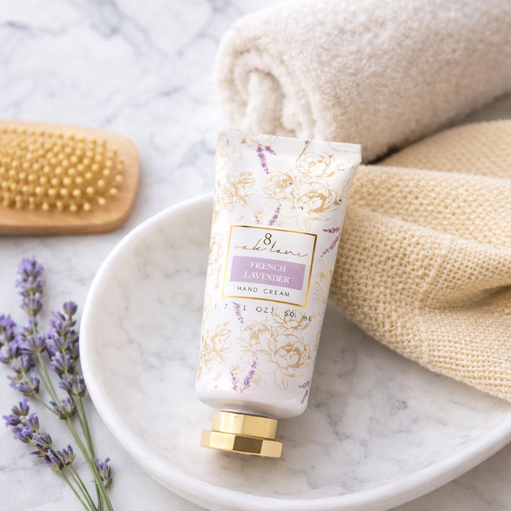 French Lavender hand cream styled on a marble dish with soft towels, lavender sprigs, and a wooden massage brush in a clean spa-inspired flat lay