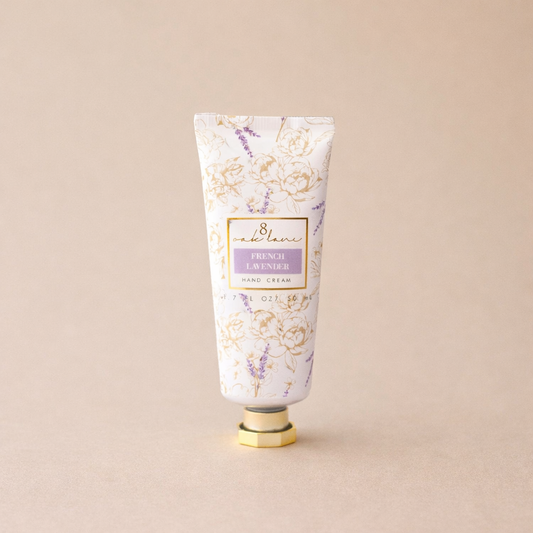 French Lavender hand cream standing upright against a soft neutral background in a minimal product photo