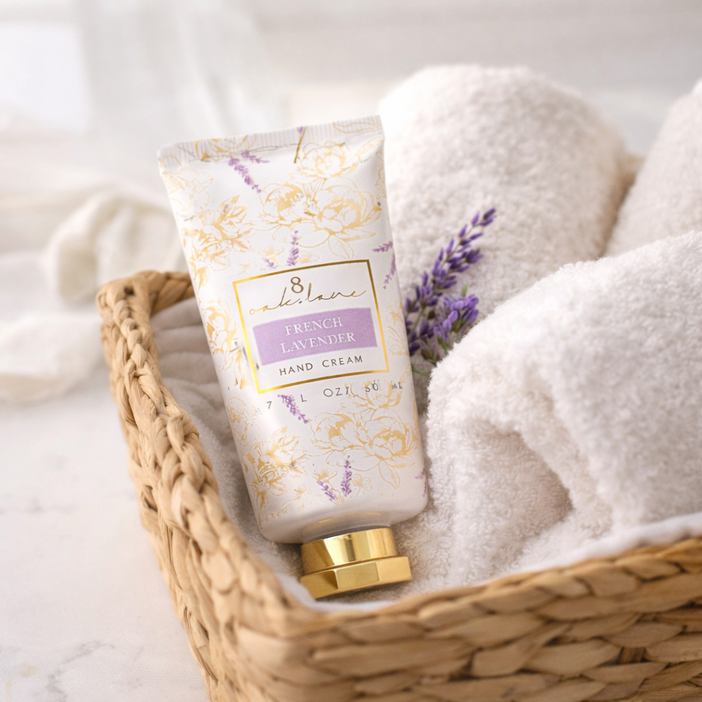 French Lavender hand cream nestled in a woven basket with plush white towels and lavender sprigs in a soft neutral spa setting