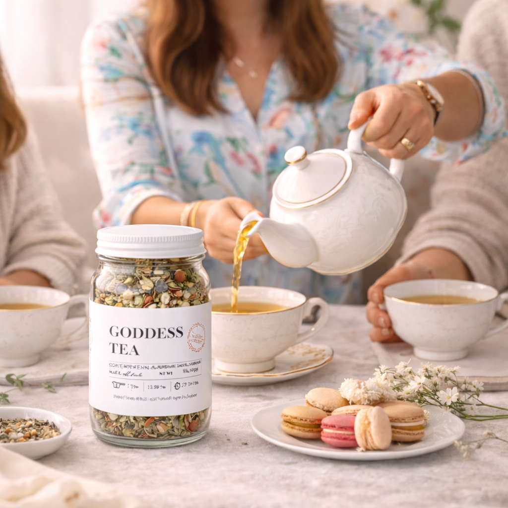 Goddess Tea lifestyle photo with herbal tea being poured from a teapot into teacups, styled with loose tea, macarons, and soft floral accents in a cozy gathering setting
