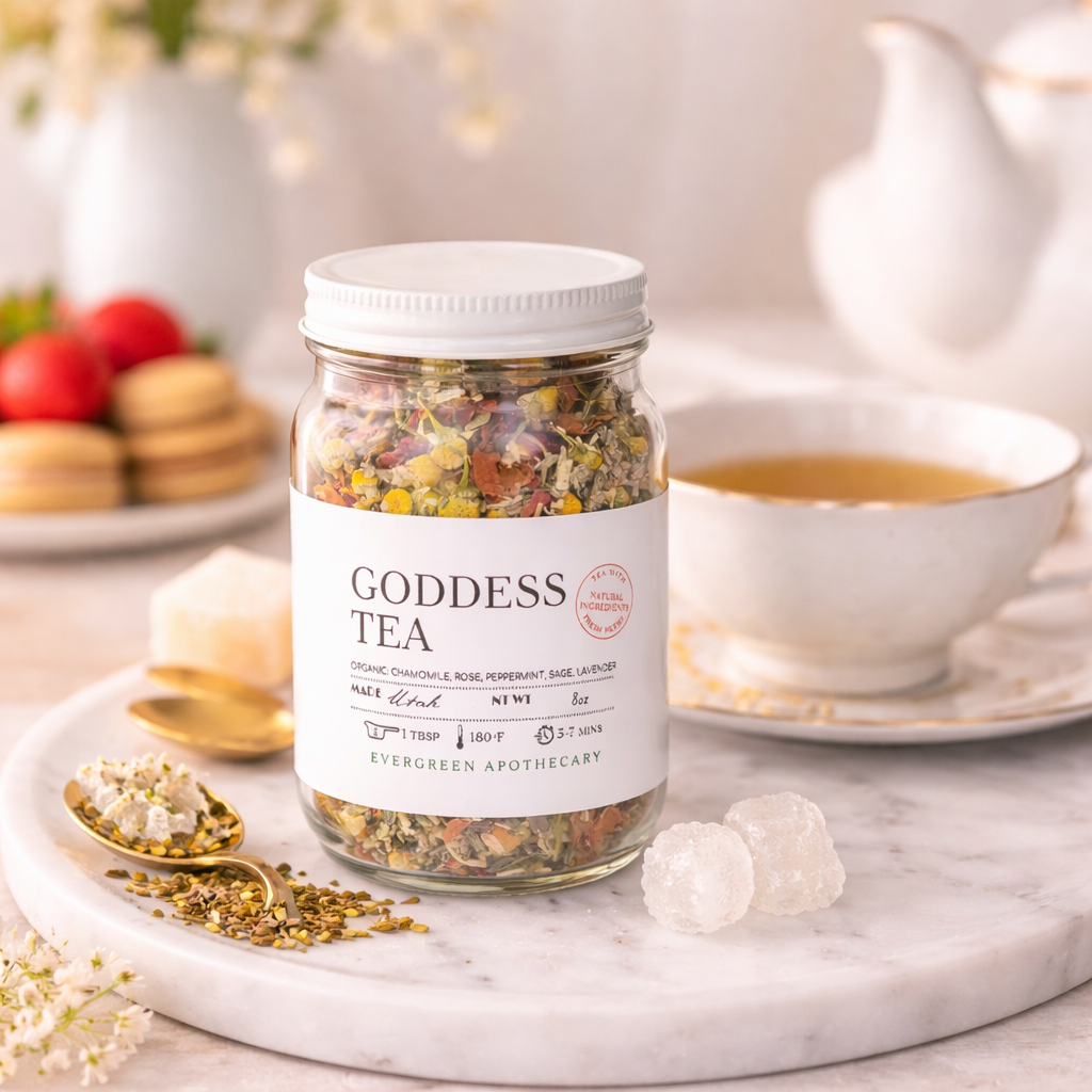 Glass jar of Goddess Tea styled on a marble surface beside a teacup, teapot, gold spoon, loose tea, and sweet treats in a soft elegant teatime setting