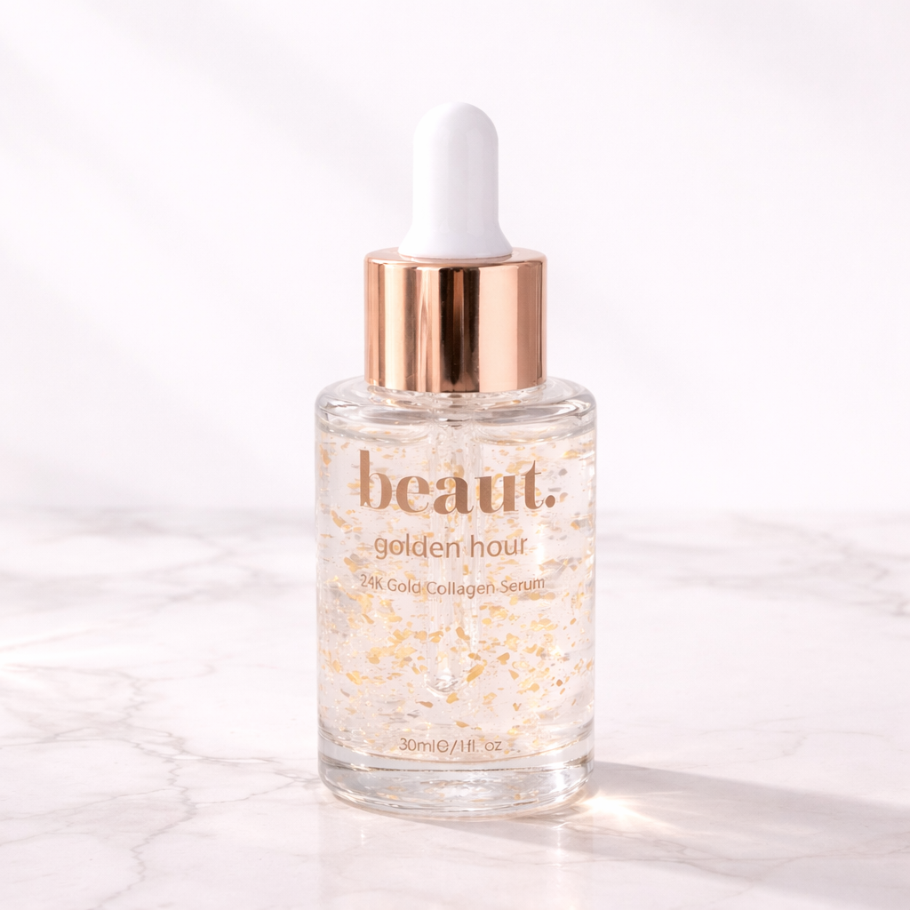 Golden Hour 24K Gold Collagen Serum bottle on marble surface with clean white background