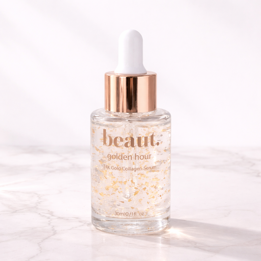 Golden Hour 24K Gold Collagen Serum bottle on marble surface with clean white background