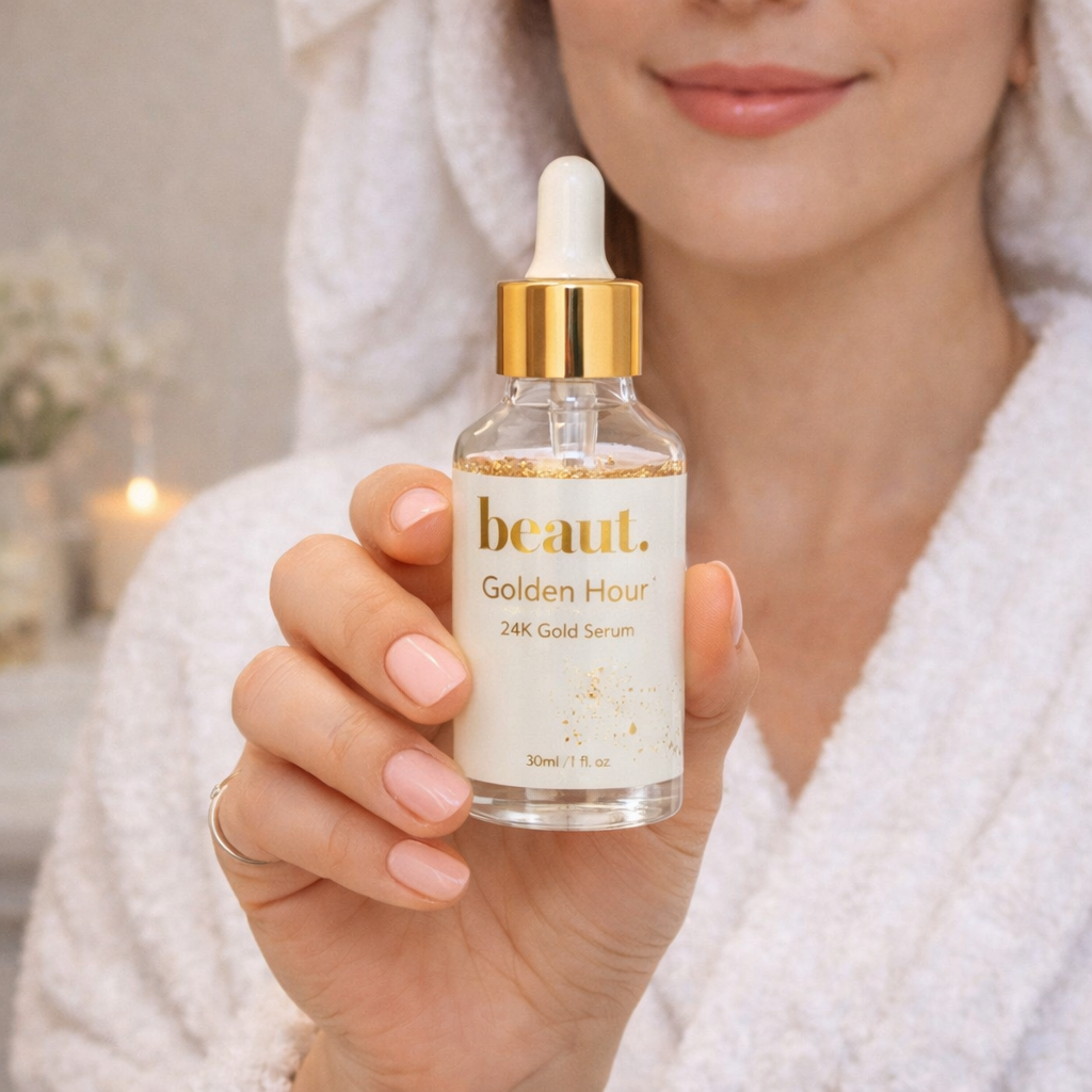 Woman in white robe holding Golden Hour 24K Gold Serum