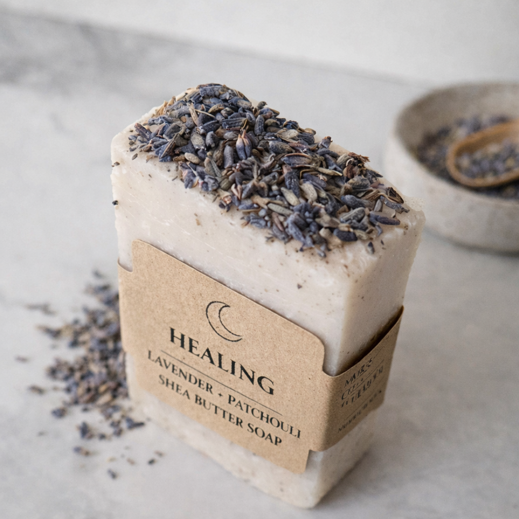 Healing lavender and patchouli shea butter soap bar topped with dried lavender
