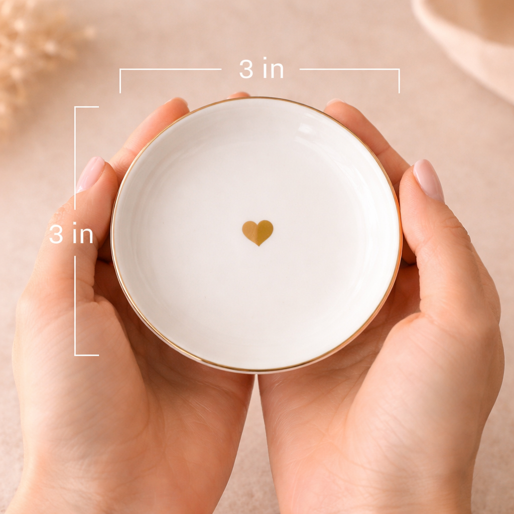 White heart jewelry dish with a gold rim and gold heart detail, shown held in both hands with labeled dimensions of 3 inches by 3 inches
