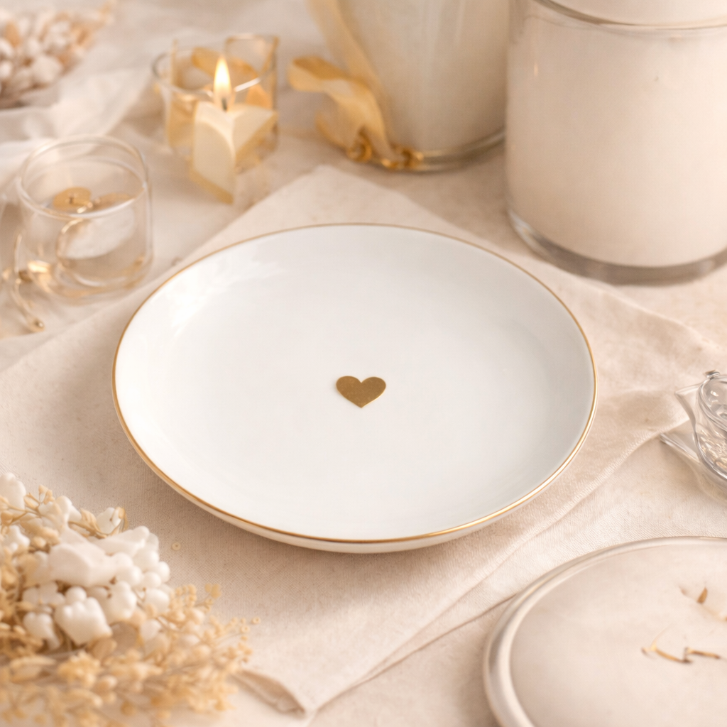 White heart jewelry dish with a delicate gold rim and gold heart detail, styled in a soft candlelit setting with neutral decor and elegant feminine accents