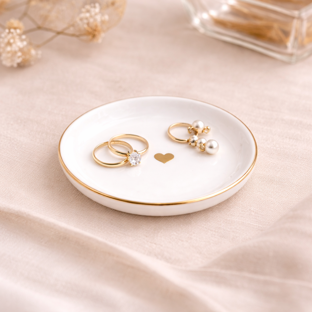 White heart jewelry dish with a gold rim and gold heart detail, styled with gold rings and pearl earrings on soft neutral fabric in an elegant feminine setting