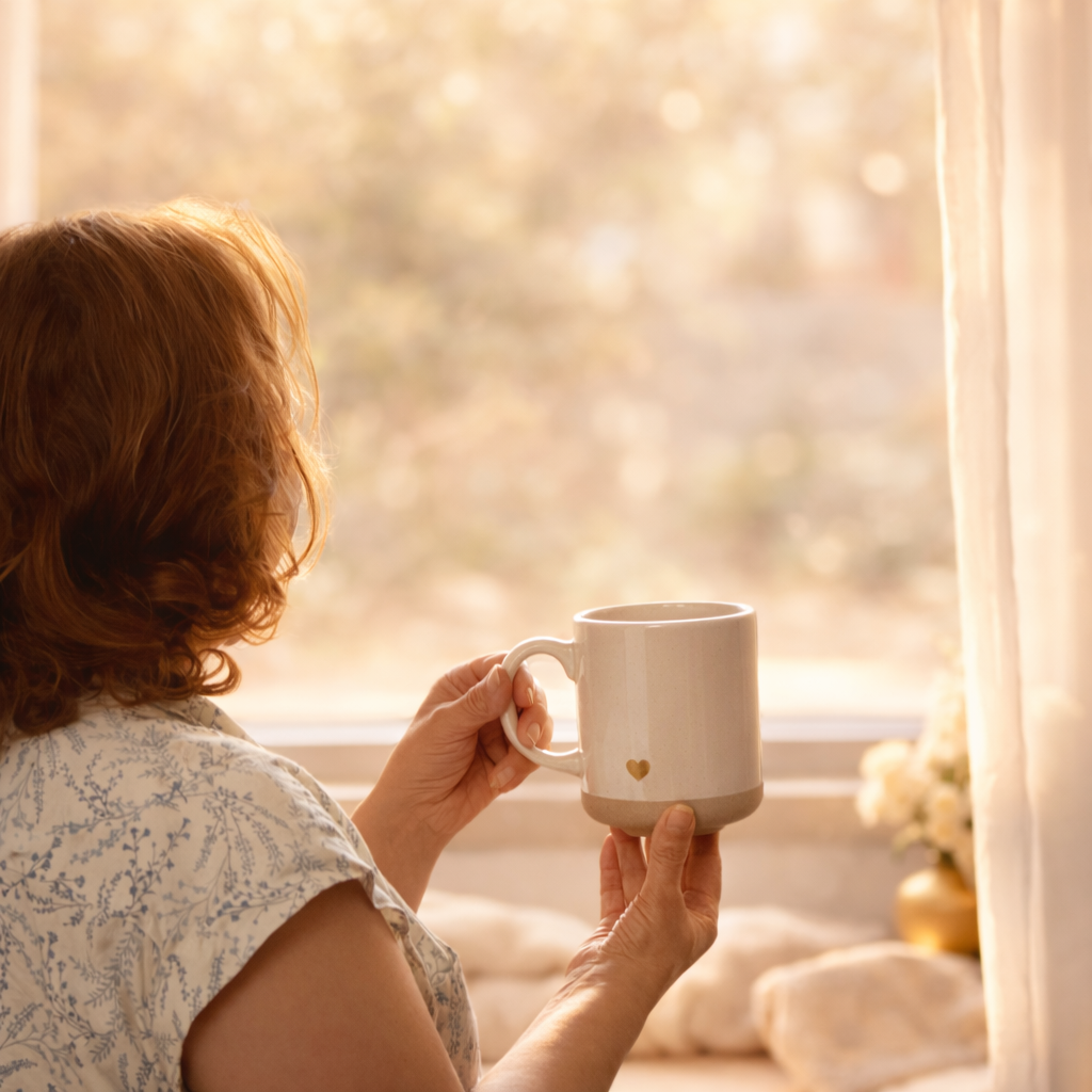 White ceramic heart mug held in both hands by a window, styled in a soft cozy setting with warm natural light and a peaceful home atmosphere