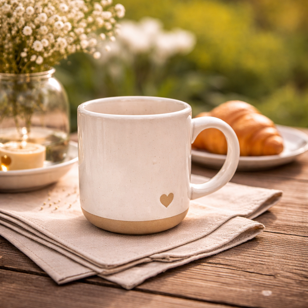 White ceramic mug with a small gold heart detail styled on a linen napkin outdoors, surrounded by a croissant, flowers, and warm natural light in a cozy breakfast setting