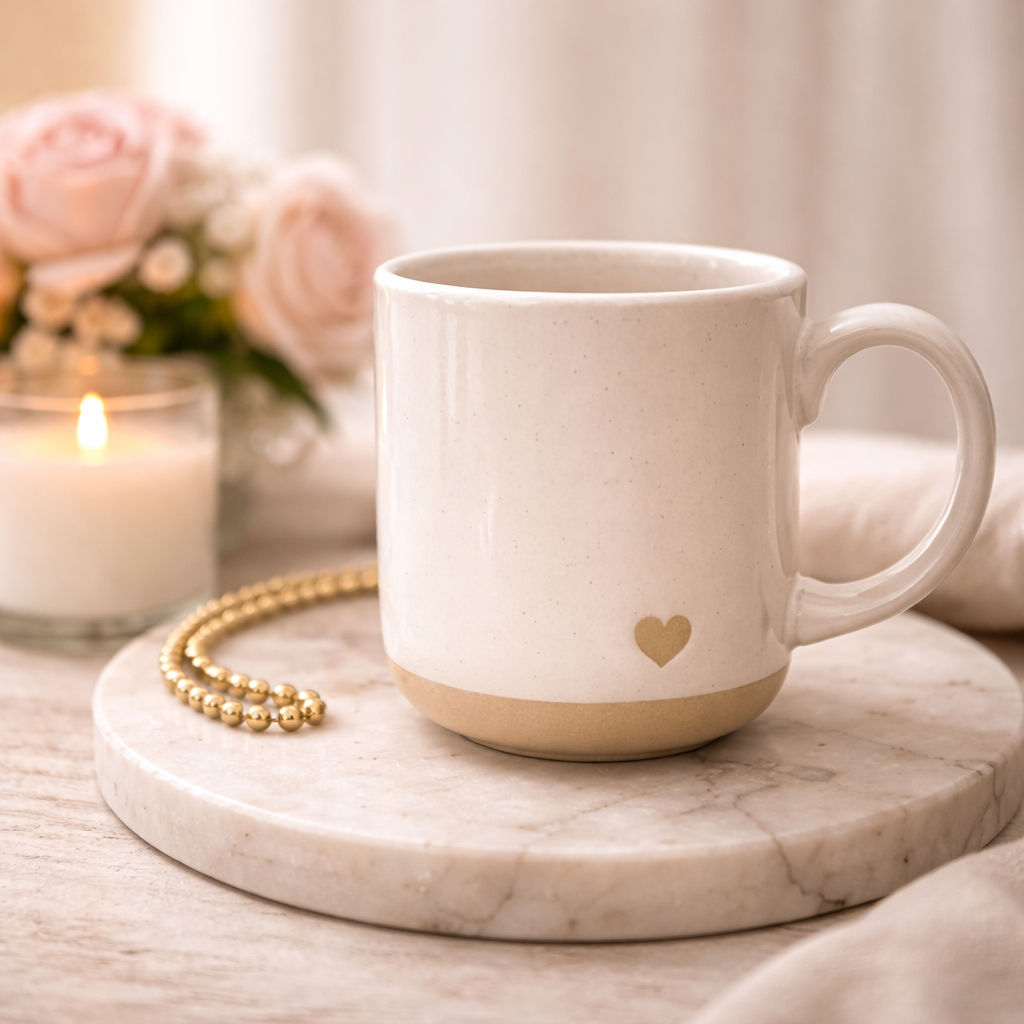 White ceramic mug with a small gold heart detail, styled on a marble surface with a candle, blush roses, and soft elegant accents in a romantic neutral setting