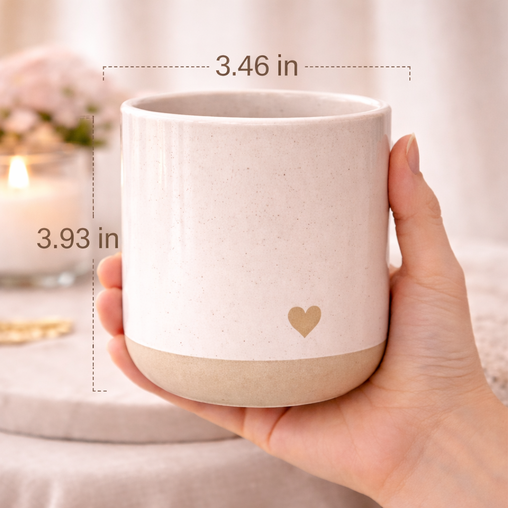 White ceramic heart mug held in hand with labeled dimensions of 3.93 inches tall by 3.46 inches wide, shown in a soft neutral lifestyle setting