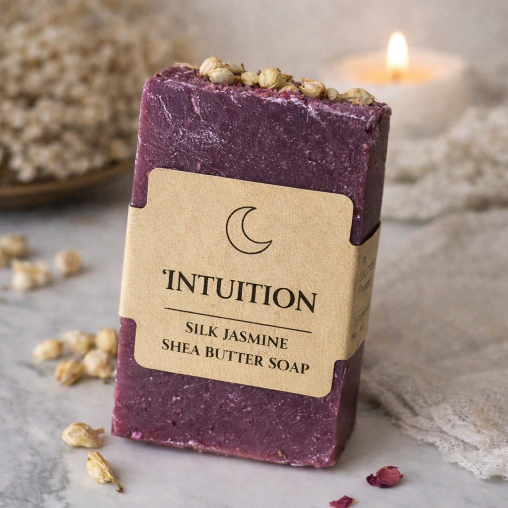 Intuition silk jasmine shea butter soap bar on marble with jasmine buds