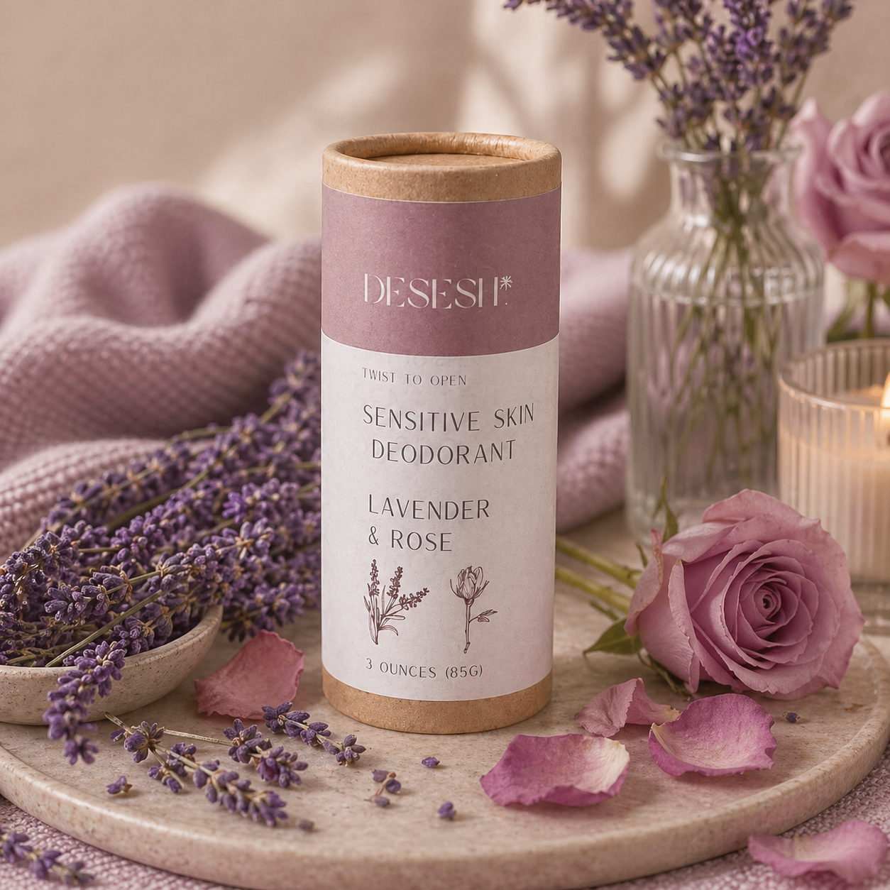 Lavender and rose sensitive skin deodorant in eco-friendly tube styled with fresh lavender and rose petals on a neutral surface