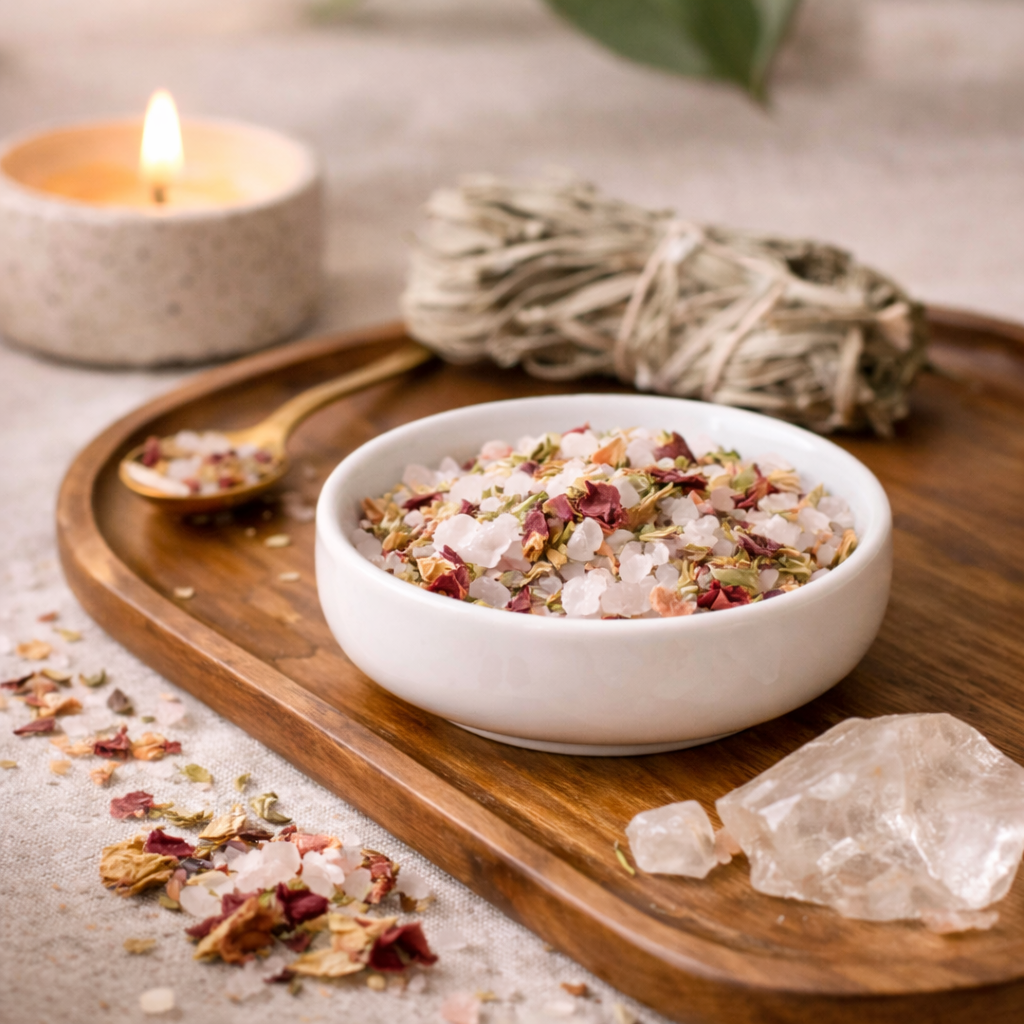 Love Ritual Salt blend in white bowl with sage crystal and candle on wooden tray