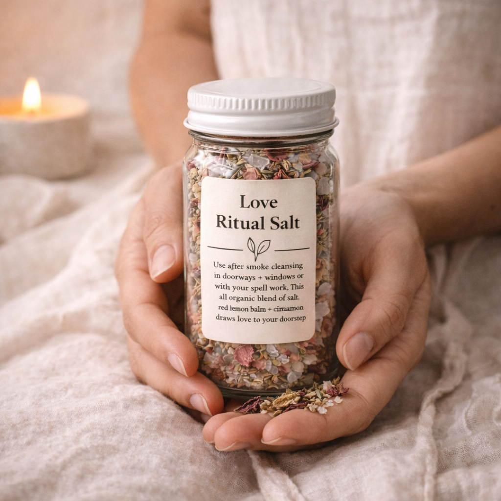 Love Ritual Salt jar held in hands with candle in soft neutral setting