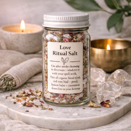 Love Ritual Salt jar on marble surface with crystals candles and neutral linen