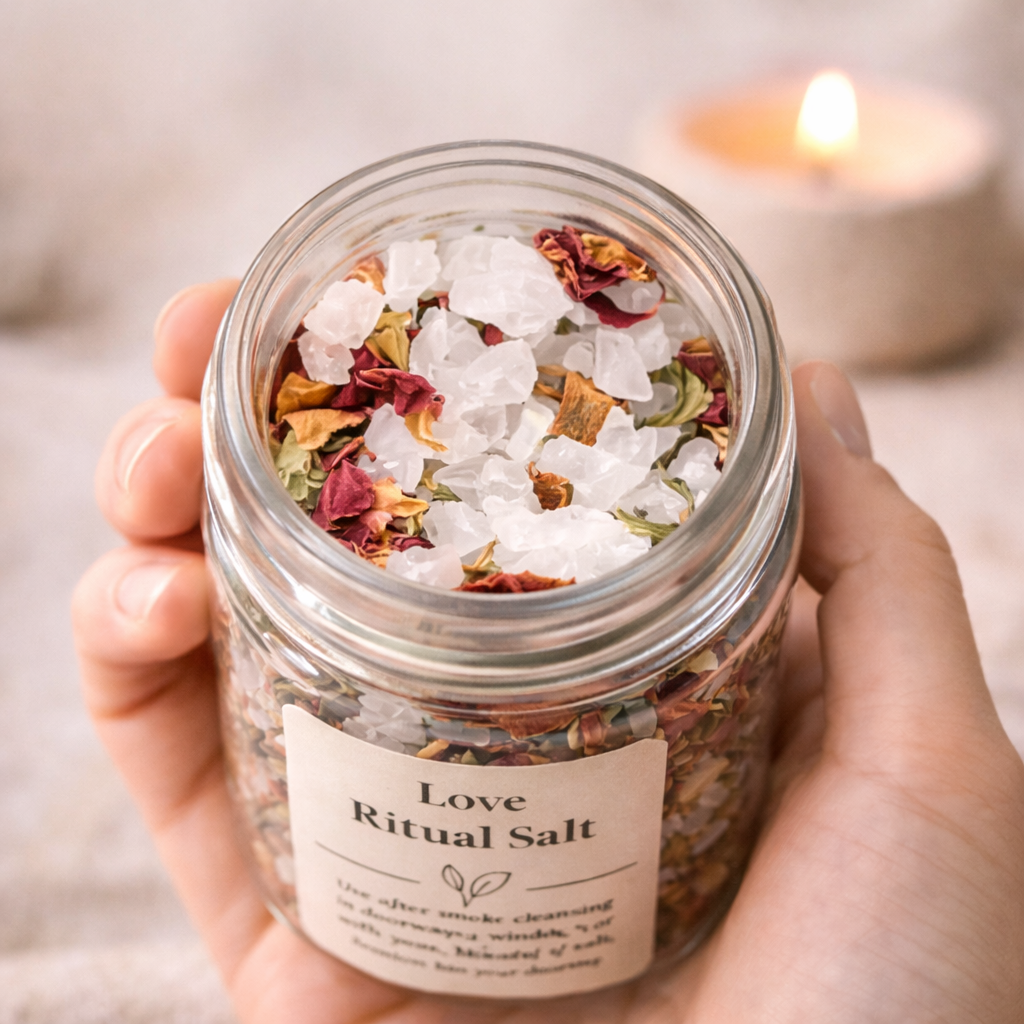 Close-up of open Love Ritual Salt jar showing coarse salt and dried botanicals