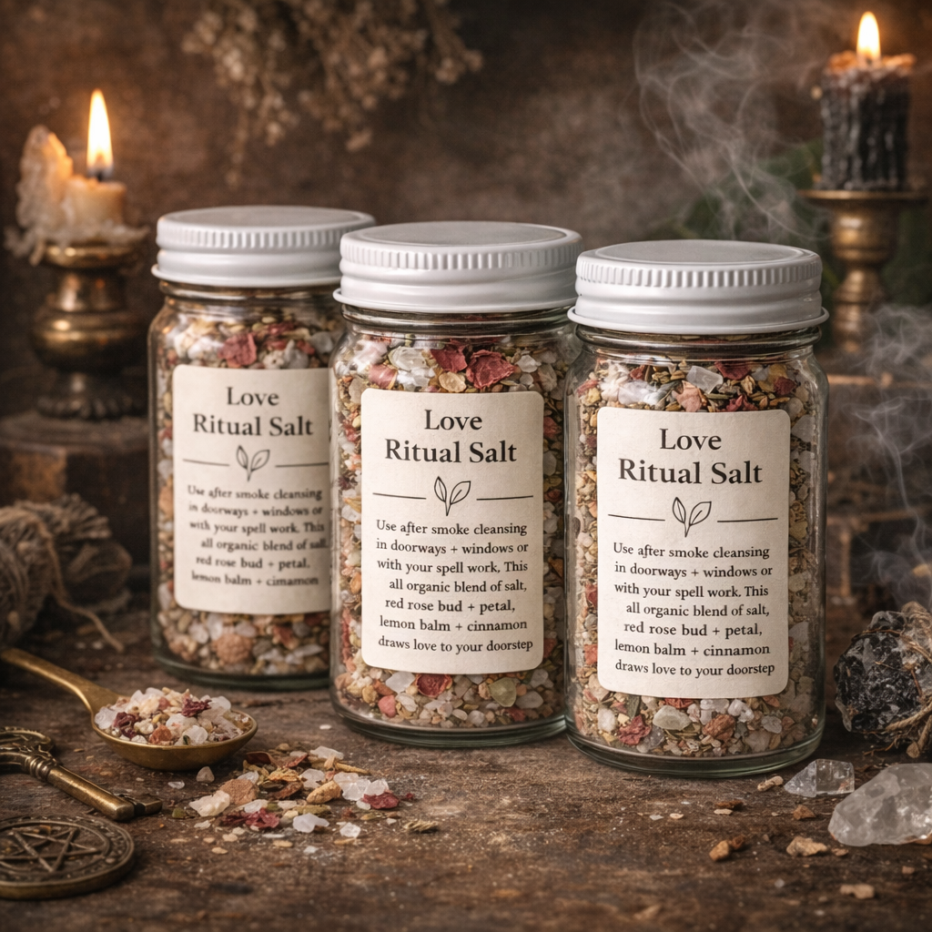 Three Love Ritual Salt jars styled in a moody ritual setting with candles and crystals