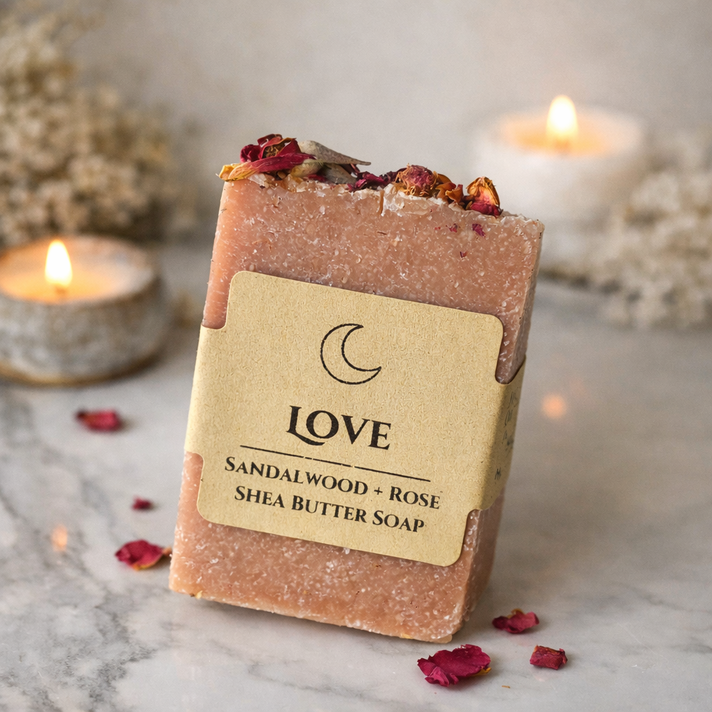 Love sandalwood and rose shea butter soap bar with dried rose petals on marble