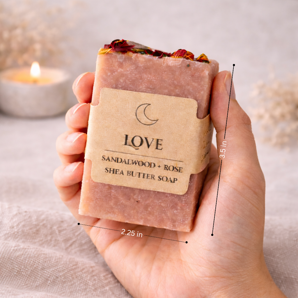 Love sandalwood and rose shea butter soap held in hand with size dimensions shown