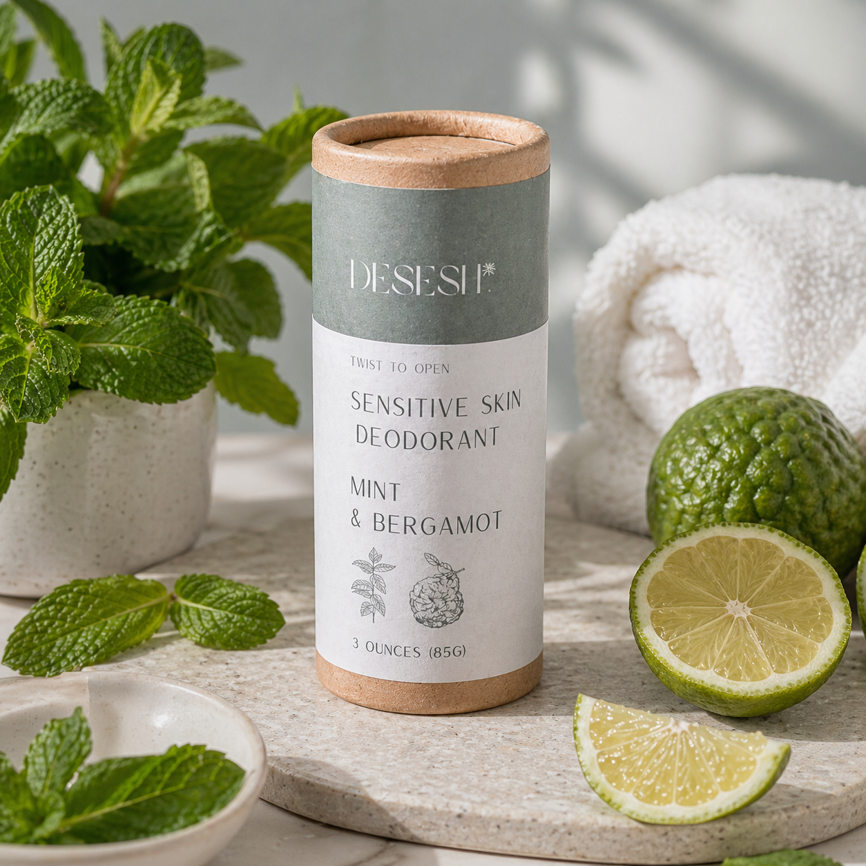 Mint and bergamot sensitive skin deodorant in eco-friendly tube styled with fresh mint and citrus on a neutral surface