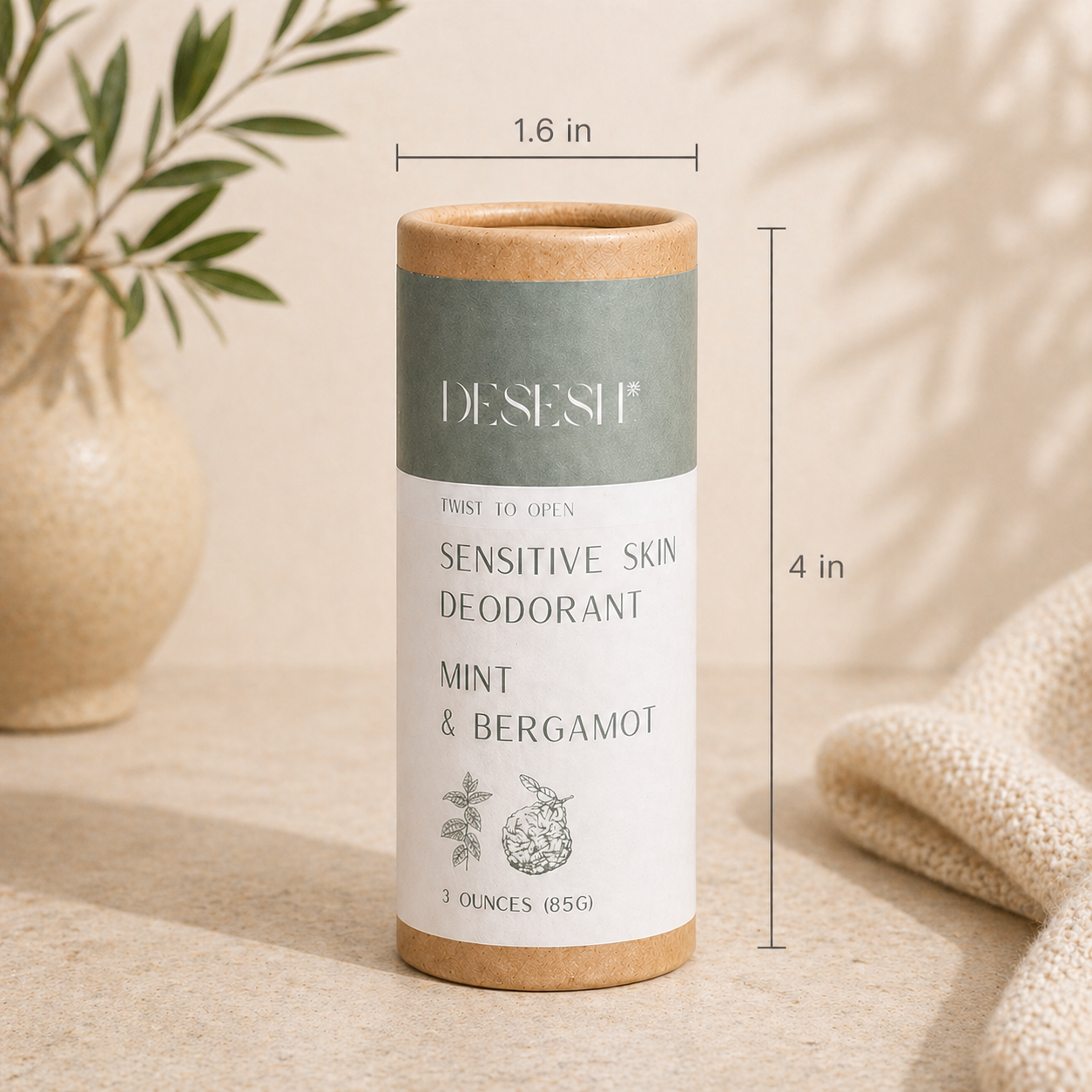 Mint and bergamot sensitive skin deodorant with size dimensions shown on a neutral background