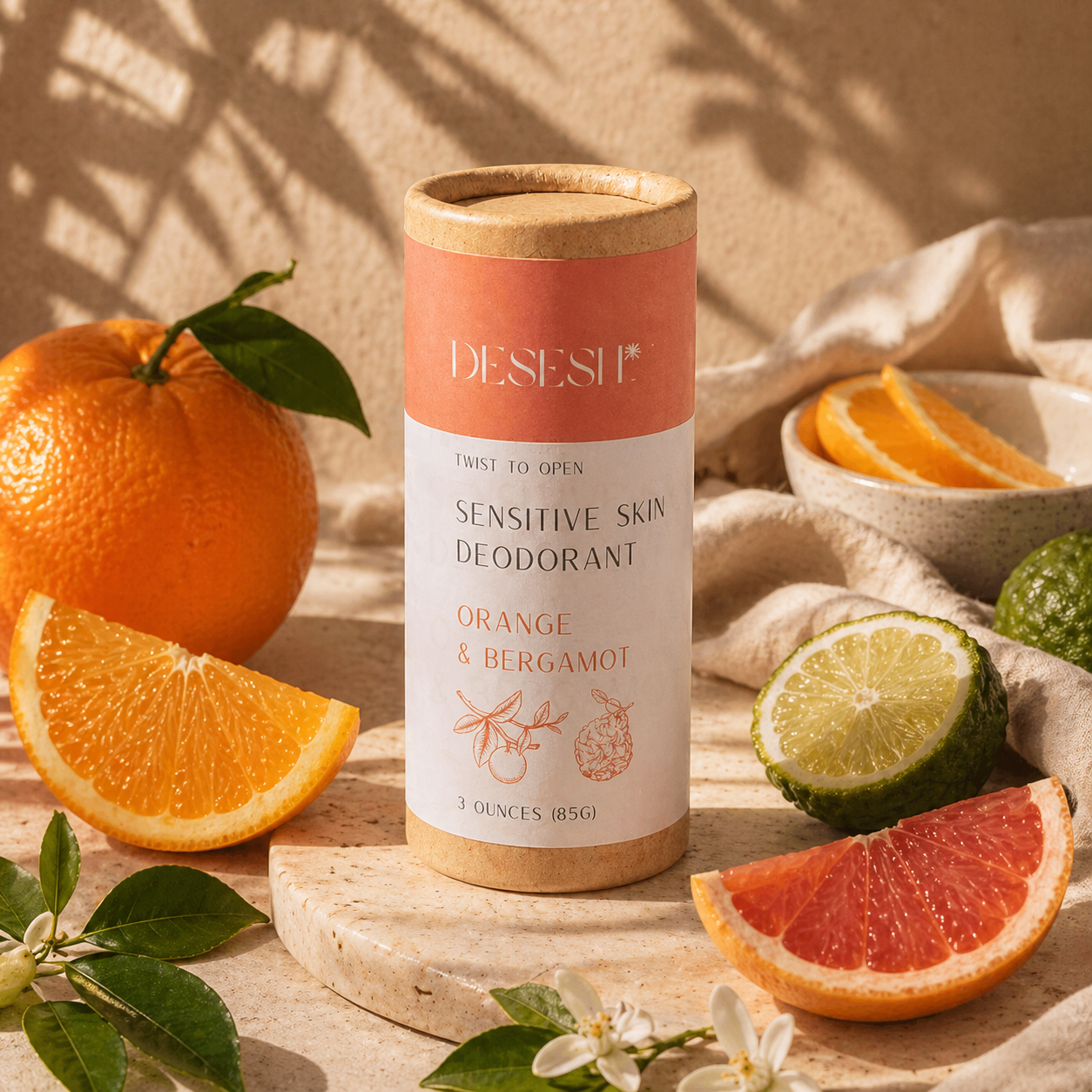 Orange and bergamot sensitive skin deodorant in eco-friendly tube styled with fresh citrus on a neutral surface