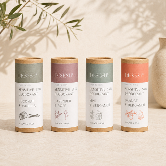 Sensitive skin deodorant collection featuring coconut and vanilla, lavender and rose, mint and bergamot, and orange and bergamot scents on a neutral background