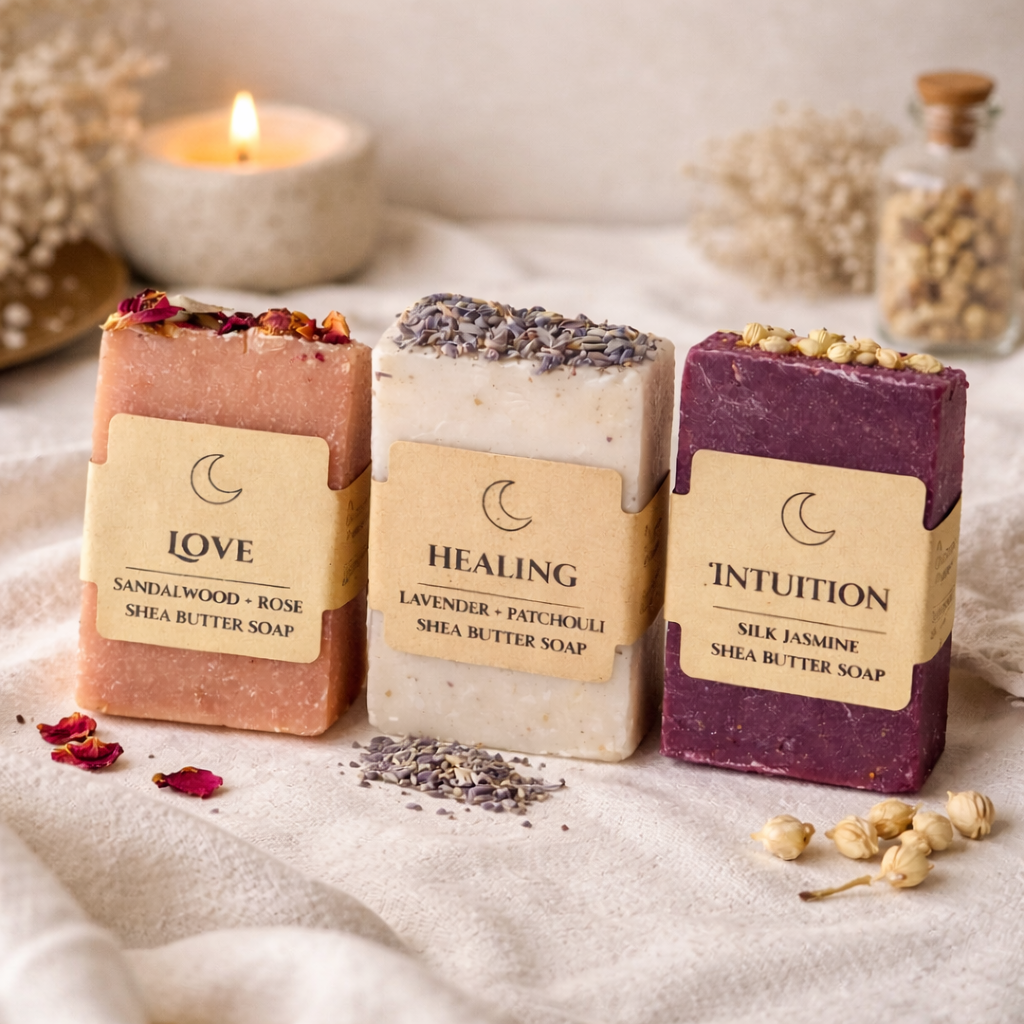 Three shea butter soap bars labeled Love Healing and Intuition on soft neutral fabric