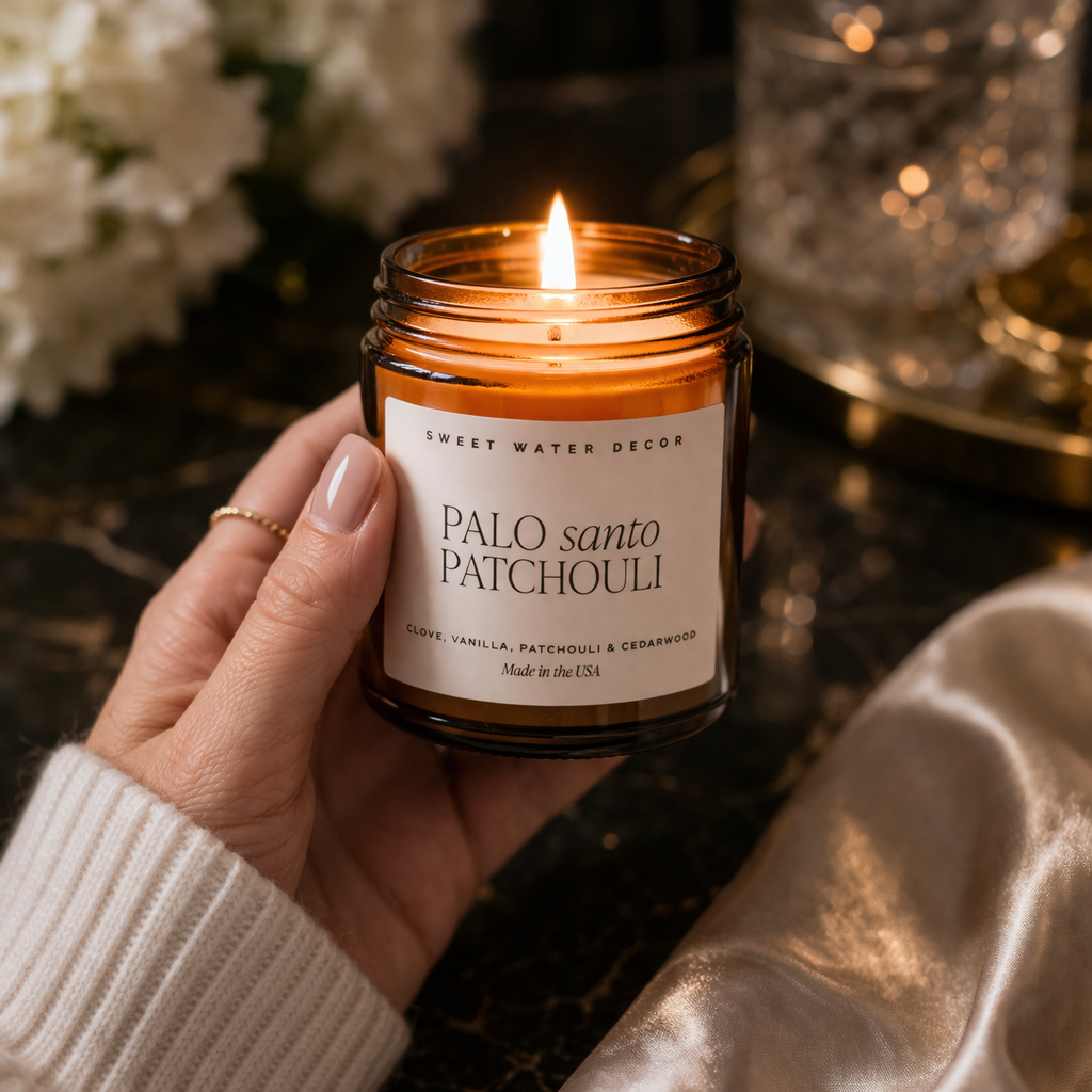 Hand holding a lit Sweet Water Decor Palo Santo Patchouli candle in an amber glass jar, styled in a warm elegant home setting with soft florals and satin accents