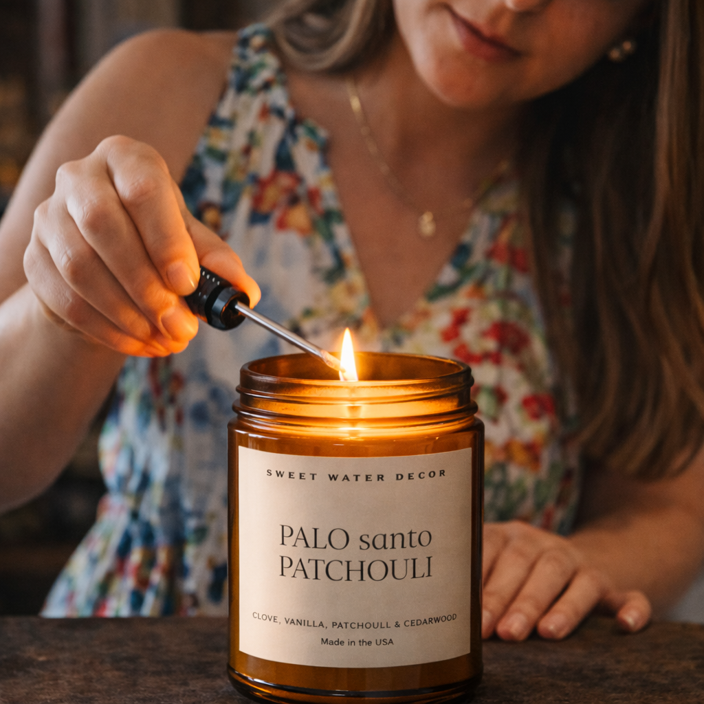 Sweet Water Decor Palo Santo Patchouli candle being lit with a candle lighter in a warm intimate lifestyle setting