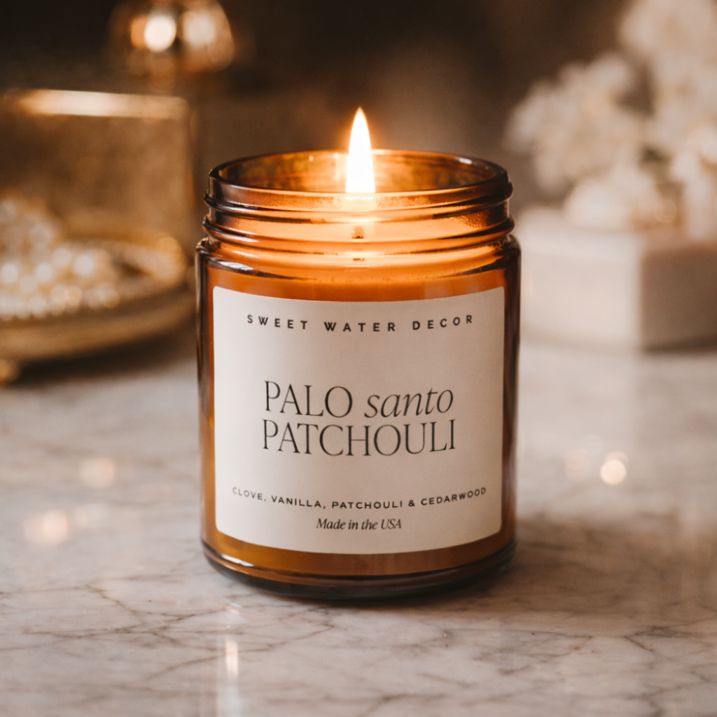 Lit Sweet Water Decor Palo Santo Patchouli candle in an amber glass jar on a marble surface, styled in a warm elegant setting with soft florals and ambient glow