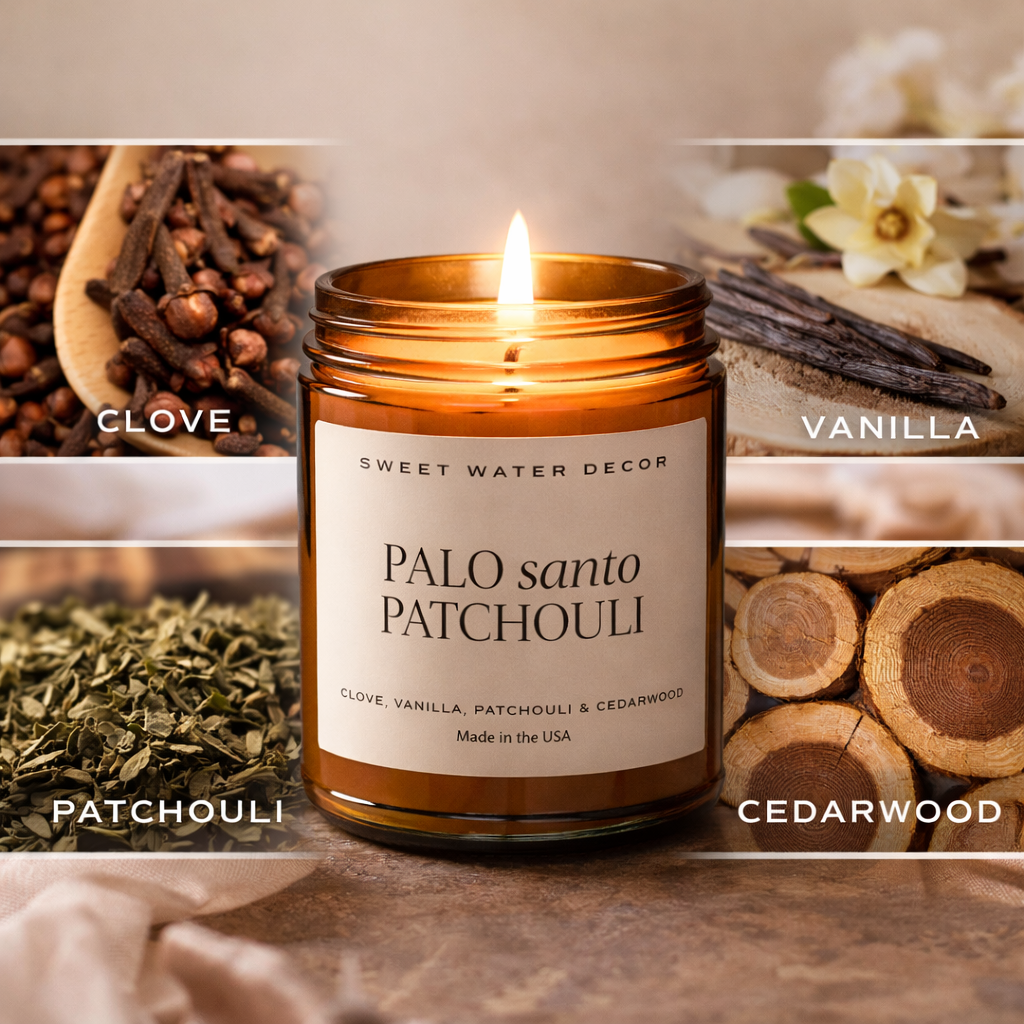 Sweet Water Decor Palo Santo Patchouli candle with scent notes of clove, vanilla, patchouli, and cedarwood, shown in a warm fragrance profile collage