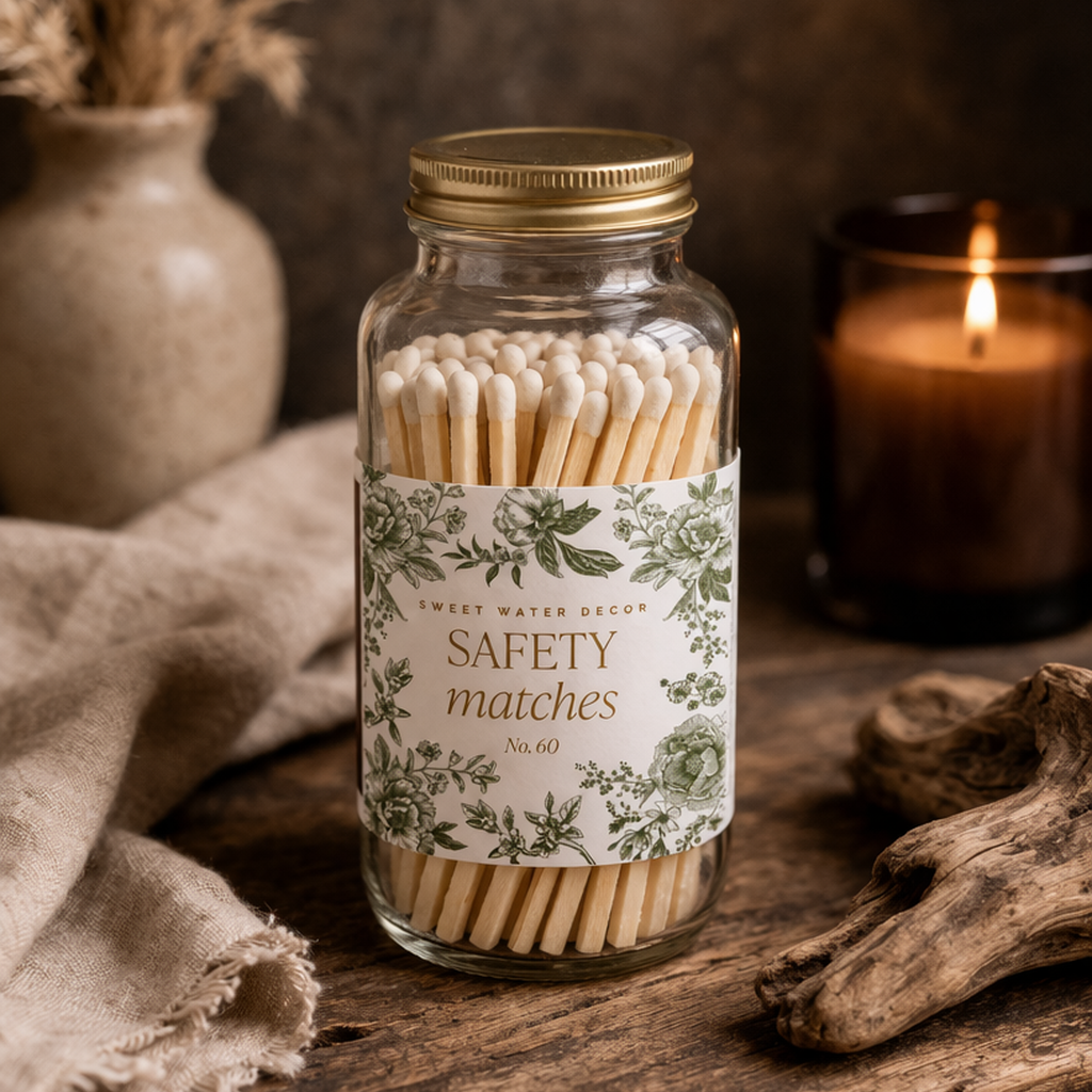 Sweet Water Decor safety matches in a glass jar with a floral label, styled in a warm moody setting beside a lit candle, rustic wood, and soft neutral decor
